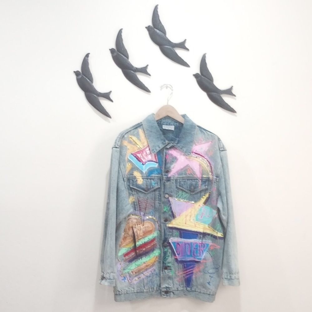 Sportdeco Diner Acid Wash Hand Painted Embellished Denim Jacket, M, Vintage 80s